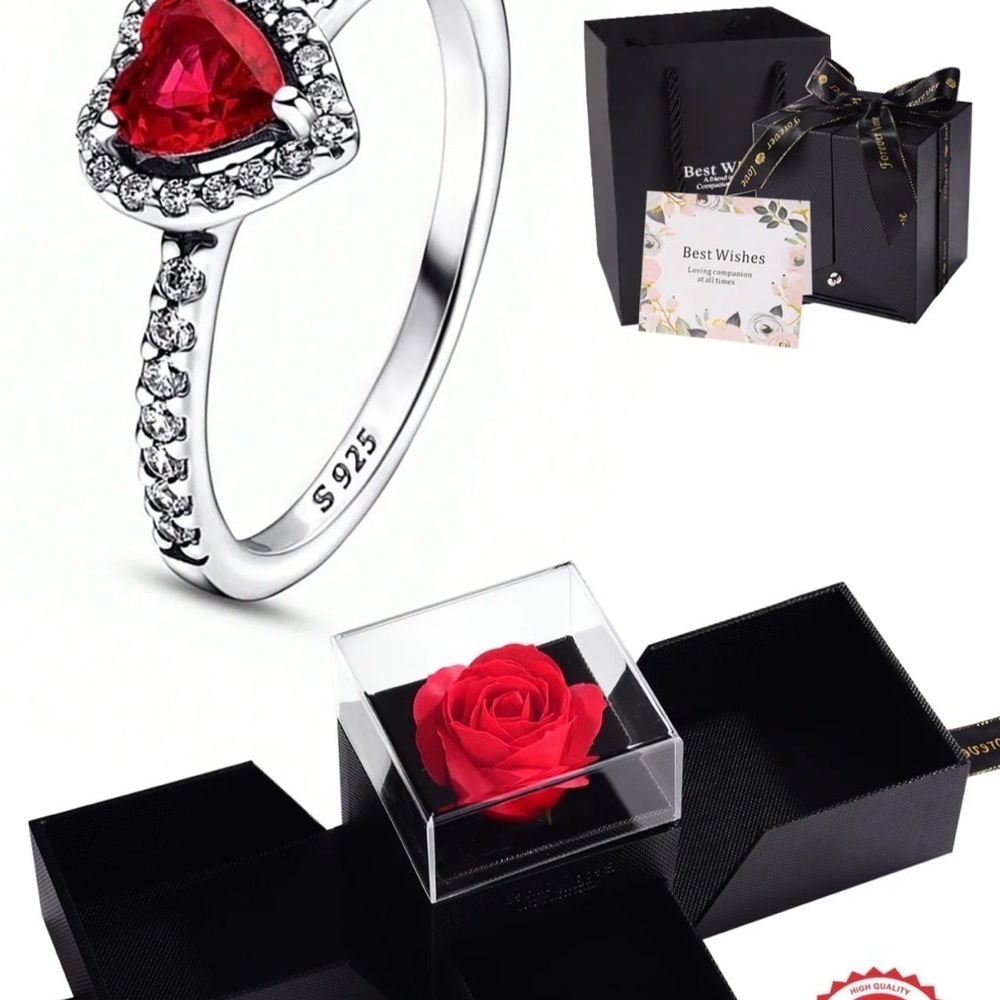 Elegant Silver Heart Ring with Red Gemstone size 9